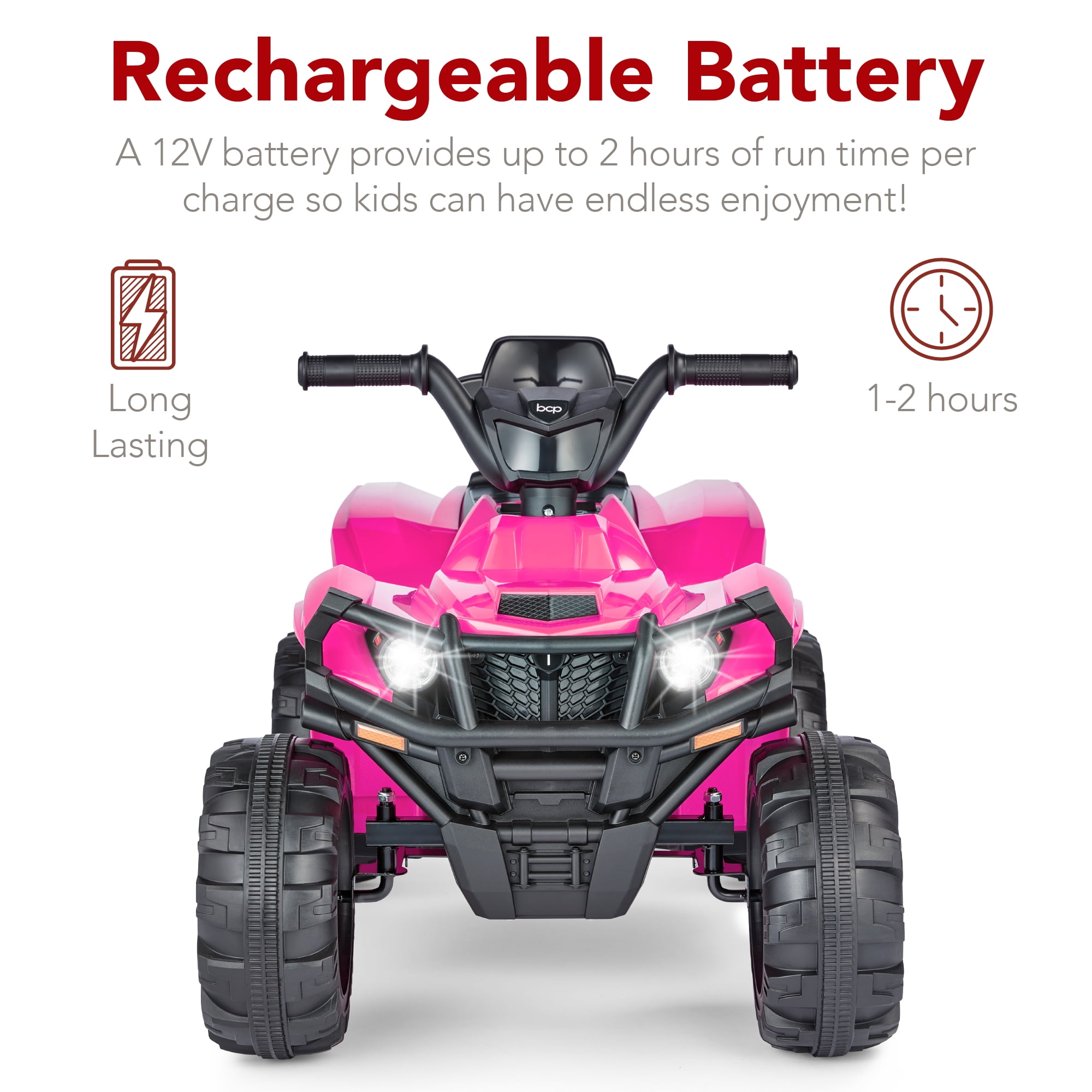 Best Choice Products 12V Kids Ride-On ATV Quad w/ Bluetooth, 2.4mph Max, Treaded Tires, LED Lights, Radio - Hot Pink