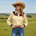 thumbnail image 2 of Womens Western Shirts Floral Print Cowgirl Shirts Long Sleeve Button Down Shirt Country Retro Tops Beige L, 2 of 5