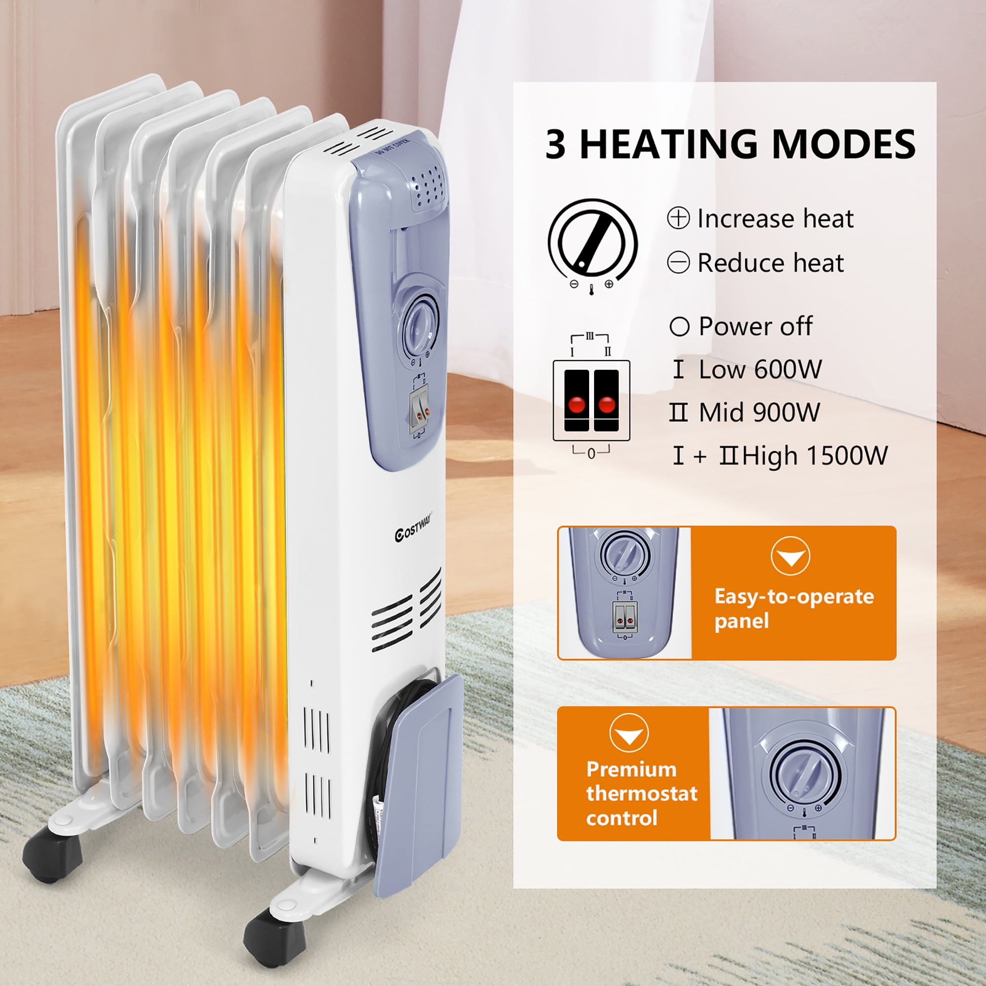 Costway 1500W Electric Oil Filled Radiator Space Heater 7-Fin Thermostat  Room Radiant | Walmart Canada