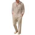 thumbnail image 4 of Mens 2 Piece Linen Outfits Long Sleeve Button Down Shirts And Loose Pant Set Summer Beach Outfits with Pockets Summer Beach Yoga Matching Outfits Beige L, 4 of 7