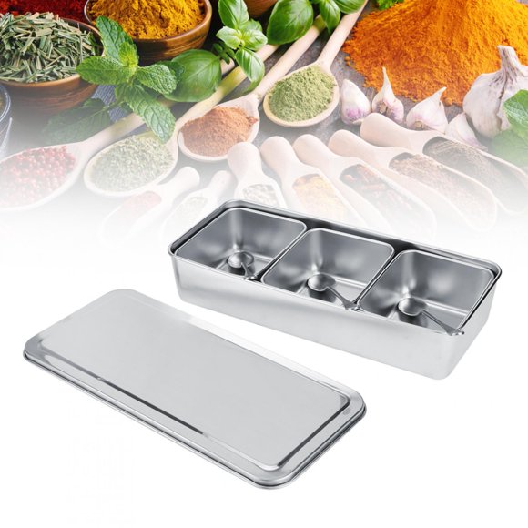 Kitchen Seasoning Box,Household 3?Grid Stainless Steel Seasoning Box Jar Spice Container Set with Spoons Cover
