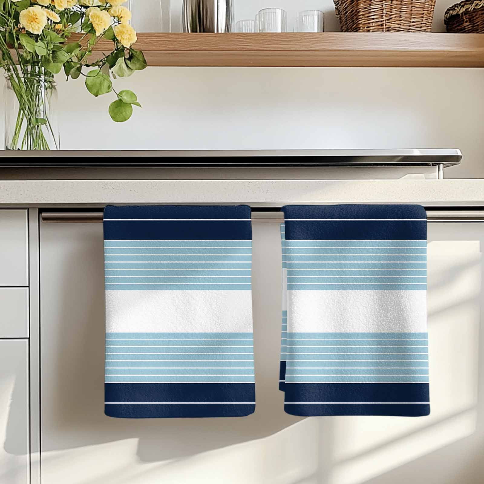 Dish Towels, Sky Blue Striped Absorbent Kitchen Towels 2 PCS, Ombre Stripes Microfiber Hand Towels Dish Cloths Tea Towels for Home&nbsp;Bathroom Cleaning Drying,18X28-Inch,