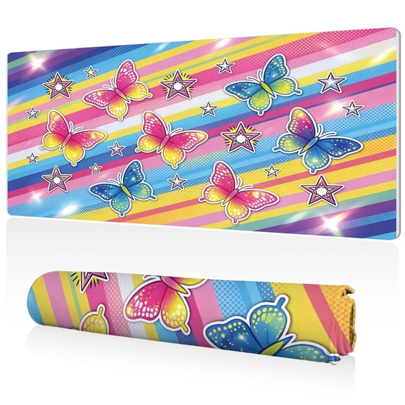 LIVEKEY XXL Mouse Pad Colorful Butterflies Stars Stripes 80x40x0.3cm Non Slip Durable Easy Clean Stitched Edges Full Desk Coverage for Gaming Office Use