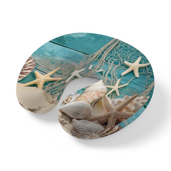 Neck Pillow, Teal Beach Coastal Memory Foam U-Shaped Travel Pillow for Airplane Car Train Office Nap, Portable Soft Head Neck Support for Sleeping & Reclining Summer Ocean Starfish Shell Conch