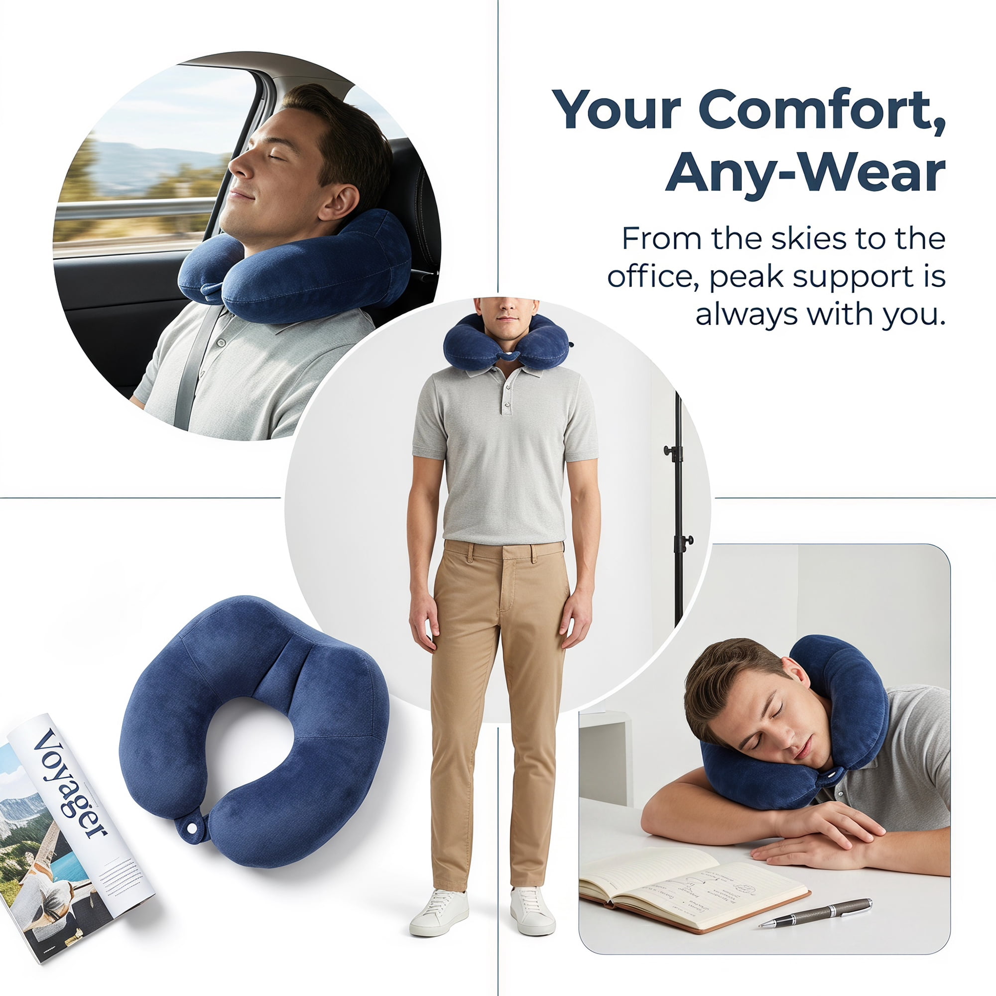 Unique Bargains Memory Foam U Shape Travel Neck Pillow Snap Closure Navy blue 12"x11"x5"