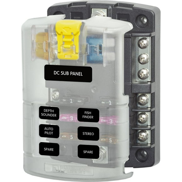 Blue Sea Fuse Block 5025-BSS 32 Volts DC; 100 Amps Per Block/30 Amps Per Circuit; Uses ATO/ATC Blade Style Fuse; 3.88 Inch Mounting Centers; With 6 Circuits/Protective Cover