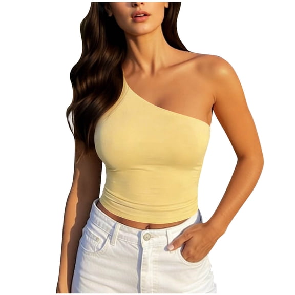 Hxshgdsn Womens One Shoulder Tank Top with Built in Bra Solid Color Casual Crop Top(Yellow/XL)