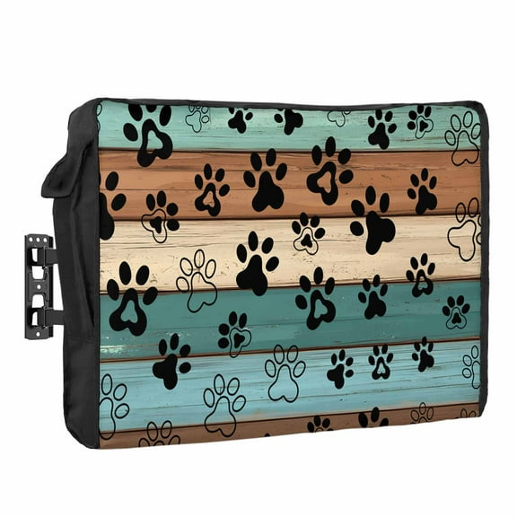 Outdoor TV Cover 48 to 50 Inches, Dog Paws Brown Blue Wood Grain Vintage Farmhouse Waterproof and Weatherproof TV Cover with Remote Control Pocket, Flat Screen TV Cover Protector for Outside TV