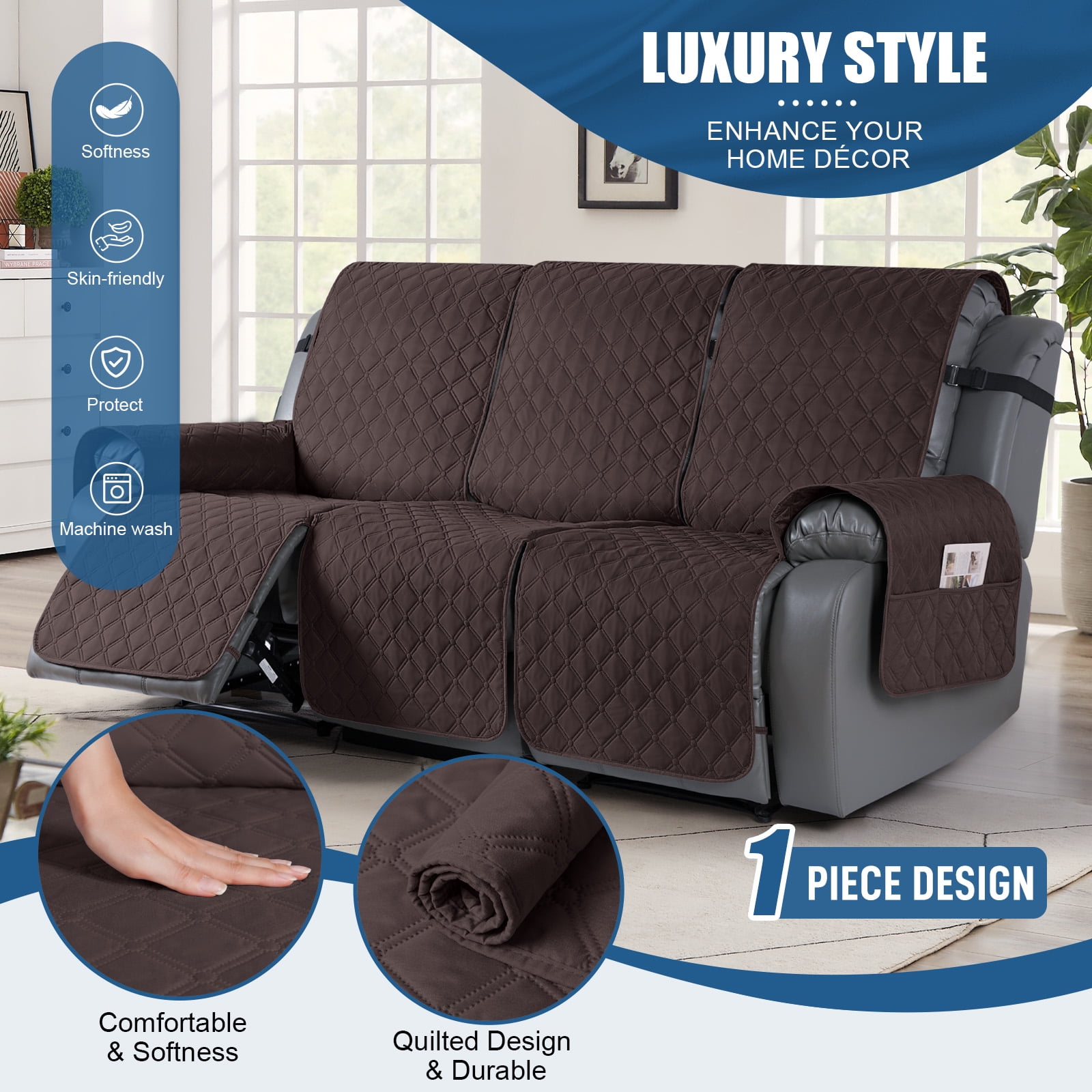 Timeles Waterproof Recliner Sofa Covers, Recliner Couch Covers with Leg Straps, Reversible Recliner Covers for 3 Seat Reclining Chair, Washable Sofa Protector for Pets Kids (Chocolate)