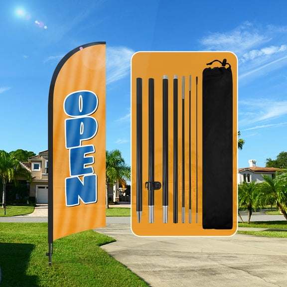 QSUM Open Flag, 8.2FT Now Open Banner Advertising Feather Flag for Business, Open House Themed Swooper Flag and Pole Kit（Orange)
