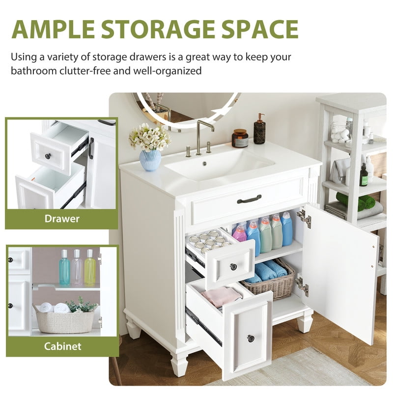 Gianna 30" Bathroom Vanity with Sink, Bathroom Storage Vanity Sink with 1 Door&3 Drawers,Free Standing Bathroom Cabinet with Sink, Easy Assembly, NO Mirror Faucet (White)