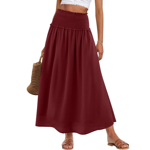 Maxi Skirts for Women Casual Boho Swing Pleated Beach Long Skirts Smocked Elastic High Waisted Skirts with Pockets 2XL