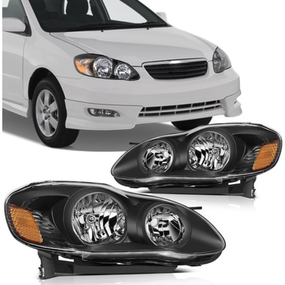HOUGEET Headlight Assembly fits for 2003 2004 2005 2006 2007 2008 Toyota Corolla Headlamps Replacement Black Housing Amber Driver & Passenger Side