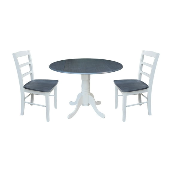 International Concepts 42" Dual Drop Leaf Dining Table with 2 Madrid Ladder Back Chairs in White/Heather Gray