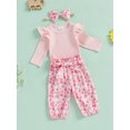 thumbnail image 5 of Baby Toddler Girl Fall Outfit, 0 3 6 12 18 24 Months Ruffle Long Sleeve Ribbed Romper Elastic Waist Pants with Fixed Belt Bow Headband, 5 of 9