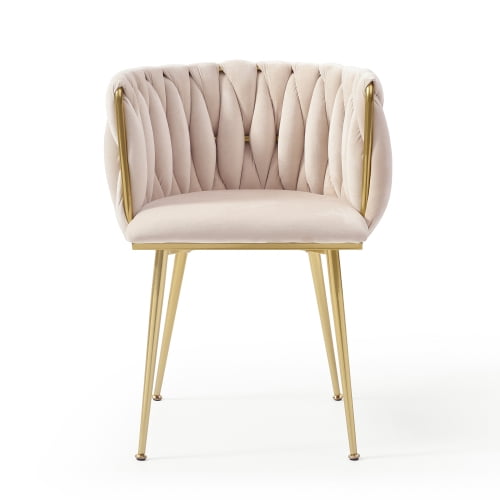 Set of 2 Modern Velvet Dining Chairs with Woven Backrest & Golden Metal Legs – Upholstered Accent Chairs for Dining Room, Kitchen, Living Room, Bedroom, Vanity, Beige