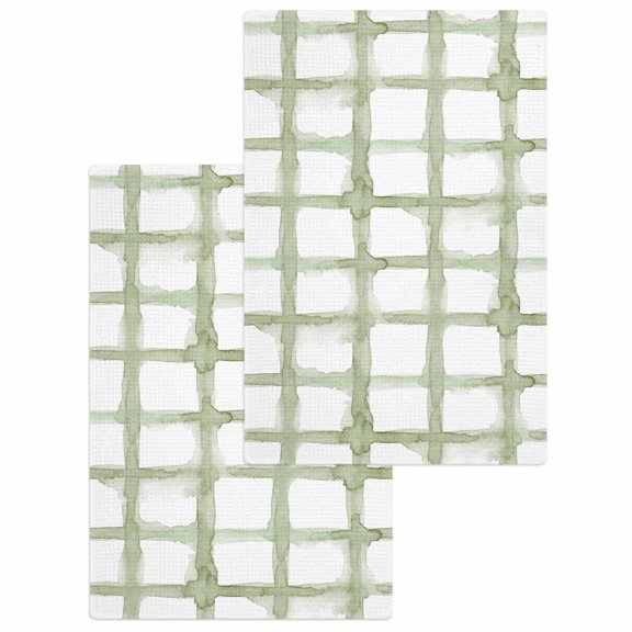 Sage Green Buffalo Plaid Kitchen Dish Towels for Drying Dishes Set of 2, Farmhouse Check Stripes Geometric Waffle Weave Microfiber Hand Tea Bathroom Towels Quick Dry & Absorbent Towel 15.7x23.6