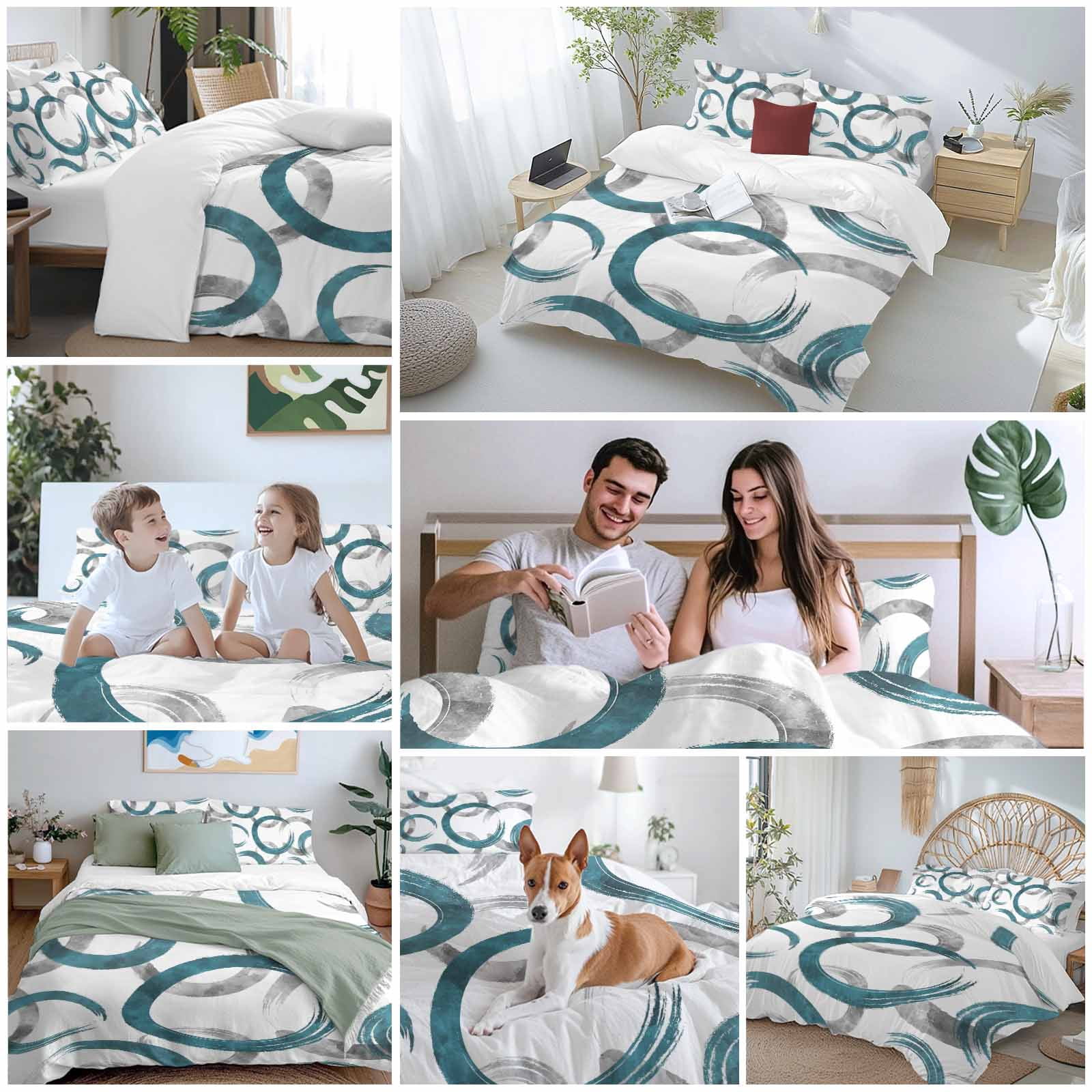 Turquoise Grey Bedding 3 Piece Duvet Cover Set California King, Geometric Circle Modern Abstract Simple Art Soft Microfiber Comforter Cover with Zipper Closure & Pillowcases, Quilt Cover