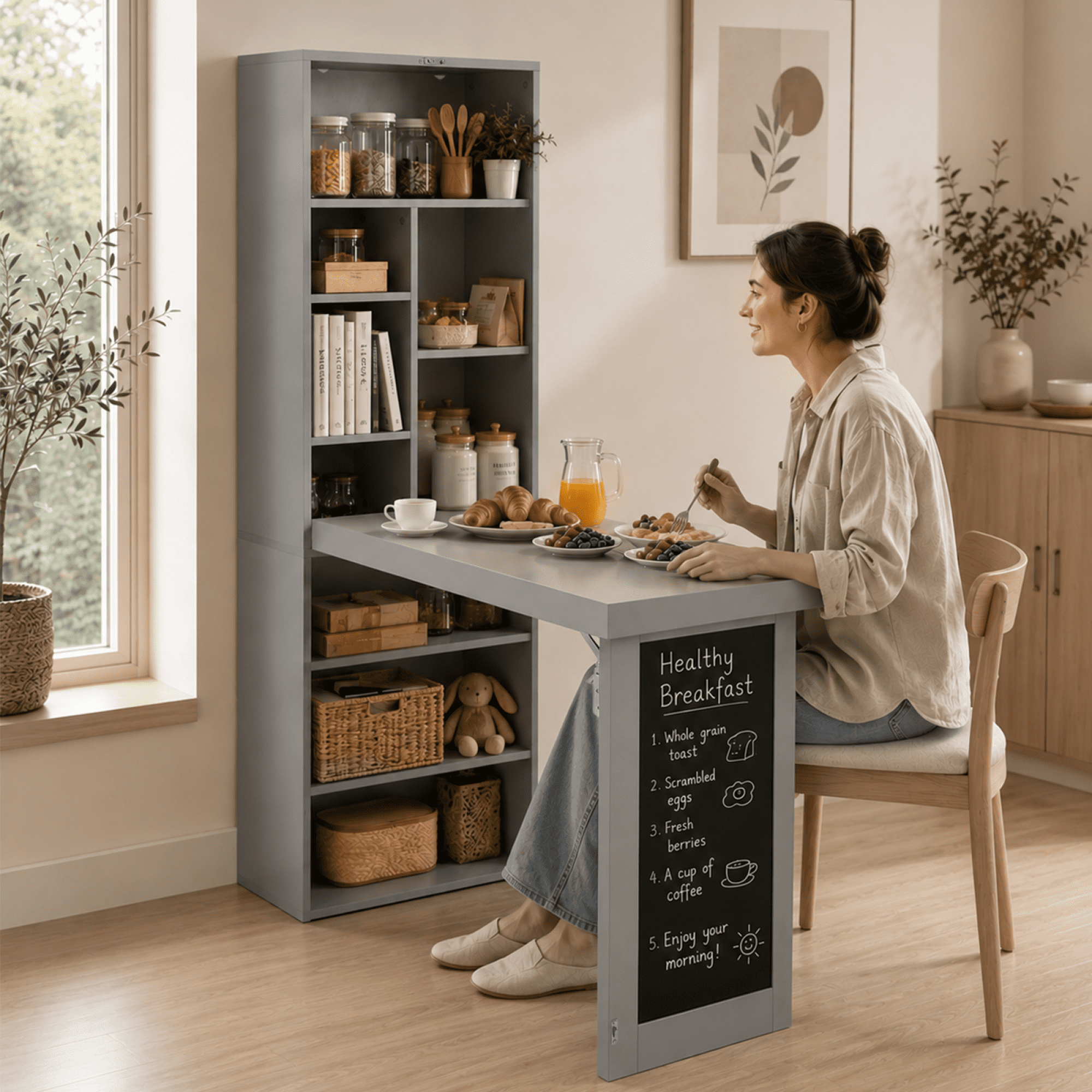 Leumius Folding Desk with Storage,Fold-Out Wall Mounted Computer Desk with Storage Shelves, Convertible Folding Writing Desk Cabinet with Chalkboard, Space-Saving Home Office Desk,Gray