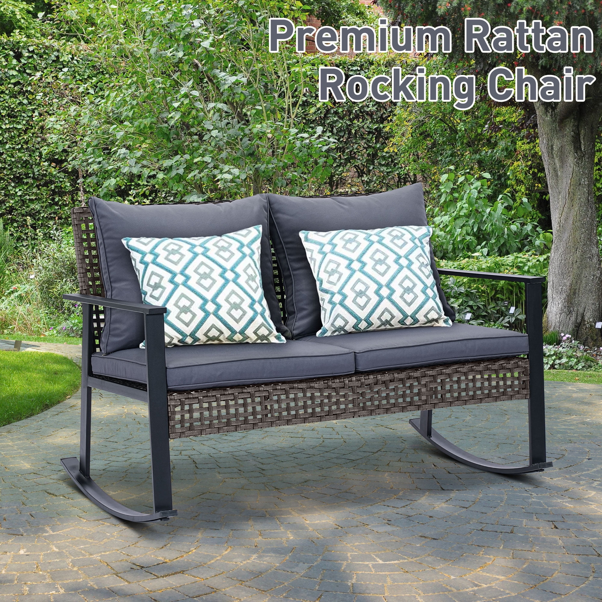 Ainfox Outdoor Patio Furniture Rocking Loveseat, Wicker Rattan Sofa,Grey