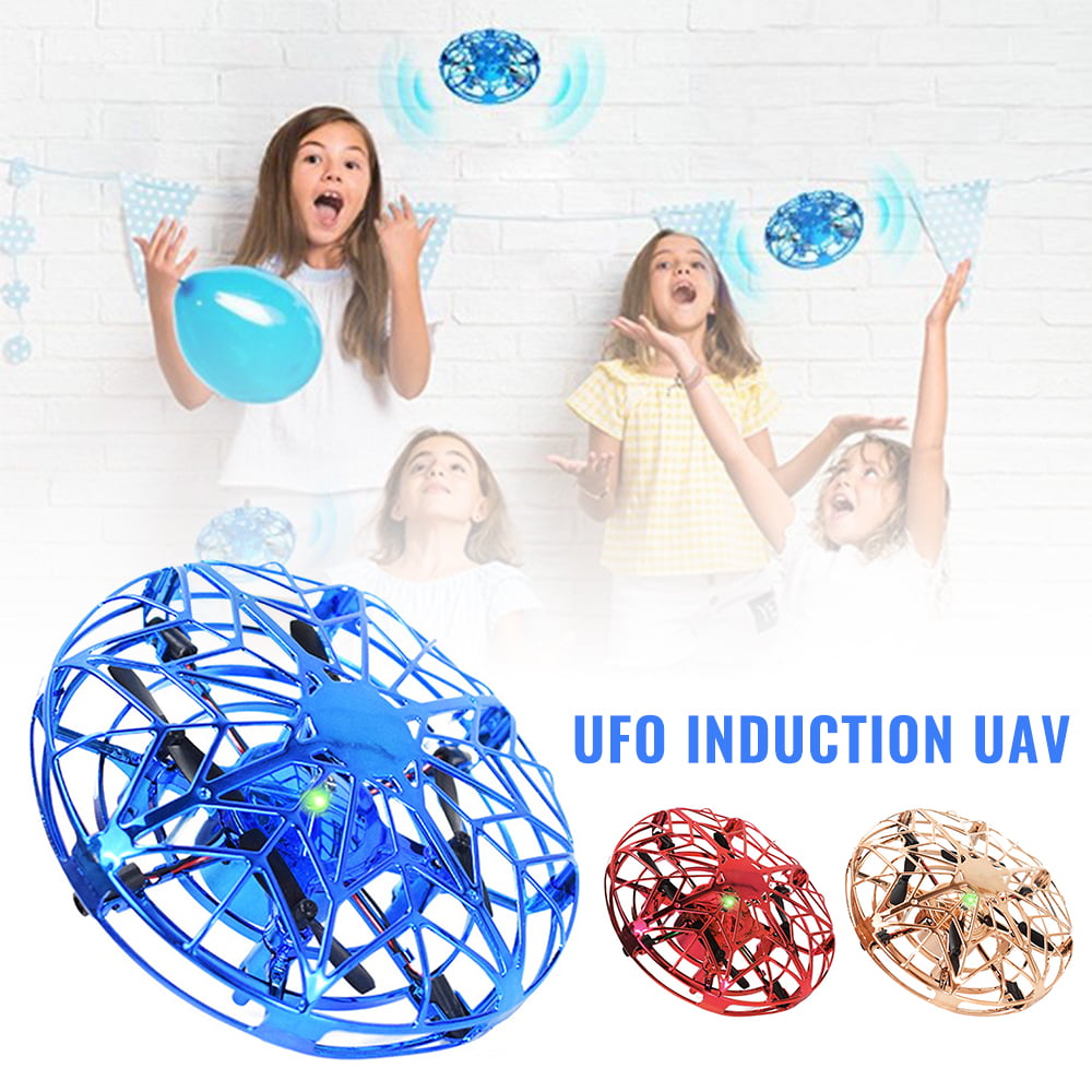 UFO Mini Drone for Kids Flying Saucer Toys Hand Control Helicopter Quadcopter Infrared Induction Flying Aircraft Hand Controlled Induction Levitation Rechargeable Flying Toy with LED Light Pink