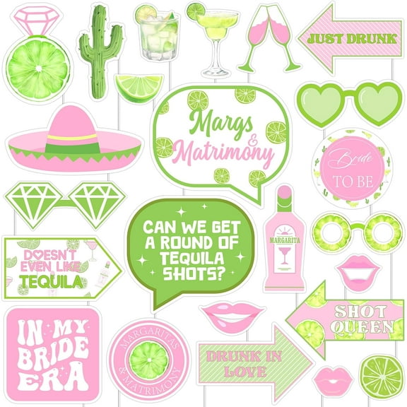 Margs and Matrimony Photo Booth Props Pack of 24 Pink Green Final Fiesta Photo Props Margarita Fiesta Bachelorette Party Decorations for Women Bachelorette Bridal Shower Party Suppliess