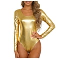 thumbnail image 3 of larppty Women's Shiny Metallic U Neck Long Sleeves Gymnastics Ballet Dance Leotard Bodysuit（Gold， XL）, 3 of 9