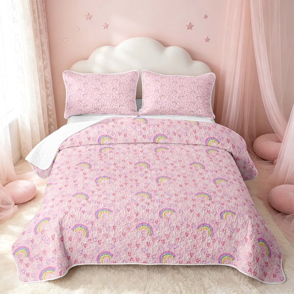 Erosebridal Kawaii Rainbow Twin Quilt Set, Cute Love Heart Twin Coverlet Set, Pink Reversible, Blush Rainbow, 2-Piece (1 Bedspread and 1 Pillowcase)