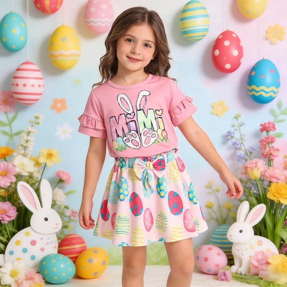 HAYIMI Kids Outfit Sets Easter Bunny Floral Print Girls Two Piece With Bow Shorts And Lace Trim Tops For Fashion Fashionable Child O-Neck Clothes Sets