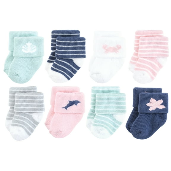 Hudson Baby Infant Girl Cotton Rich Newborn and Terry Socks, Pink Dolphin, 0-6 Months