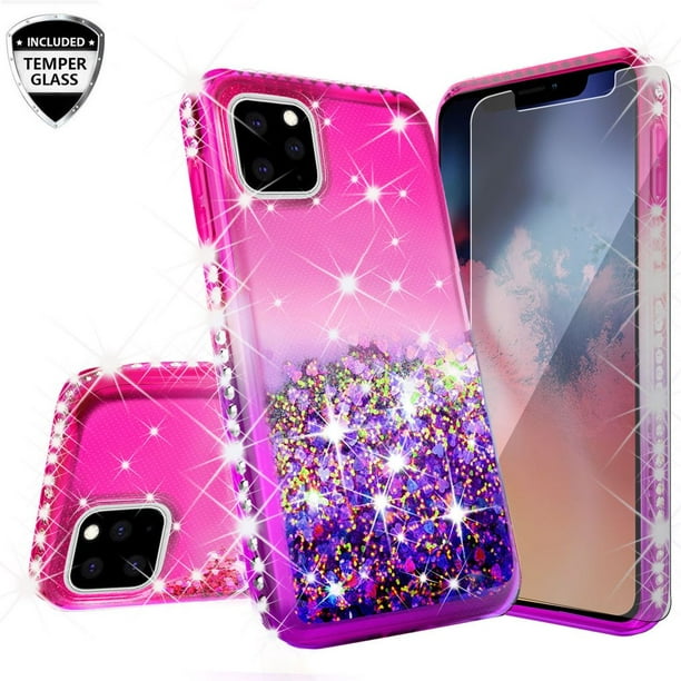 Iphone 12 Pro Max Case Liquid Glitter Phone Case For Girls Women With Tempered Glass Screen Protector Hot Pink Purple Walmart Com Walmart Com