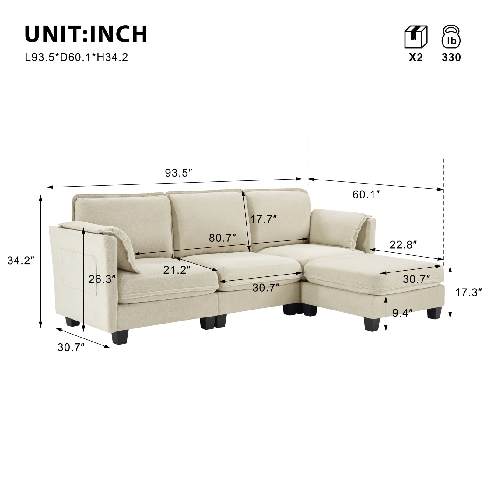 Hommoo 93-inch Cotton-Linen Velvet Texture L-shaped Sectional Sofa, 3 Seats Corner Sofa Set with Ottoman & Side Bag, Beige