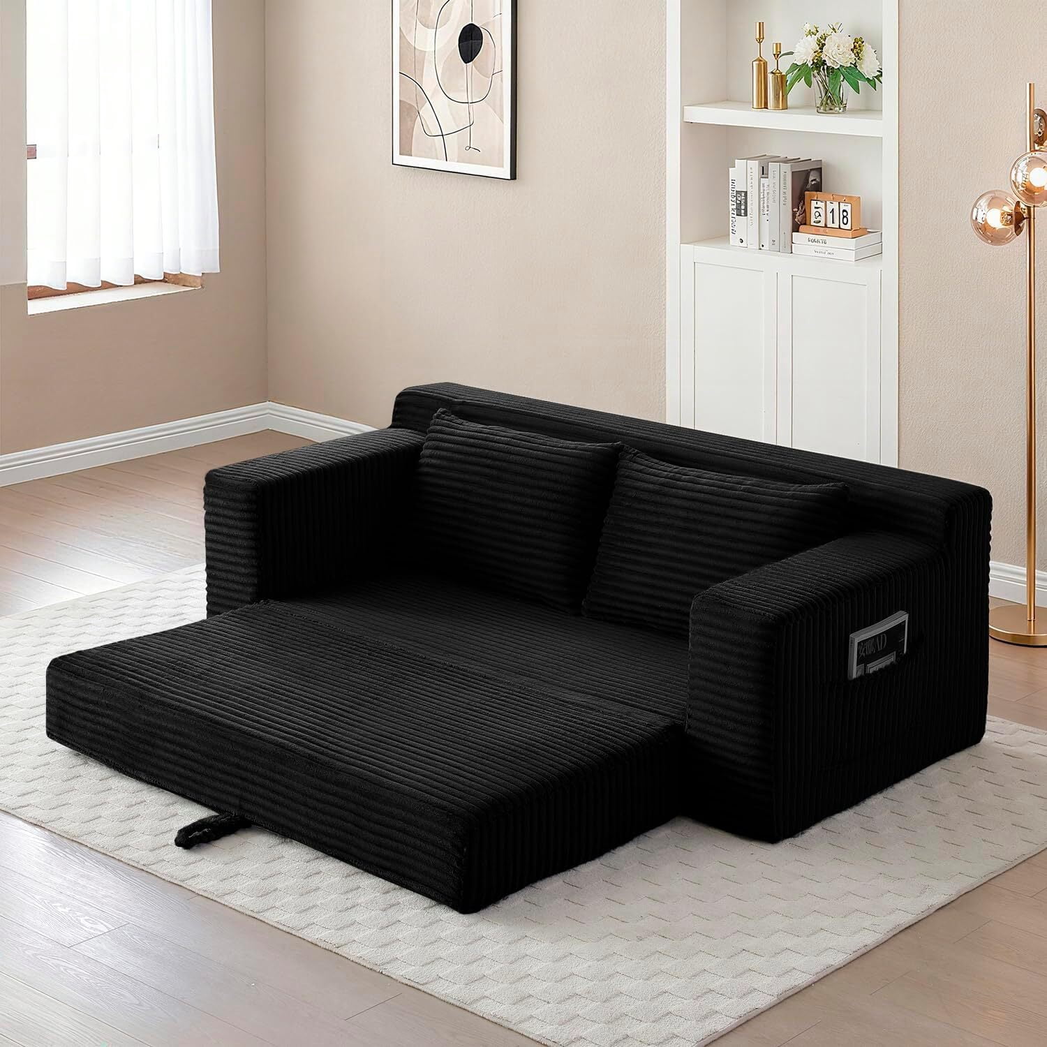 Howcool 73" Boneless Loveseat Sleeper Sofa,2 in 1 Pull Out Convertible Corduroy Floor Couch with Side Storage Pockets & 2 Throw Pillows,Foldable Guest Couch for Living Room,No Assembly Required,Black