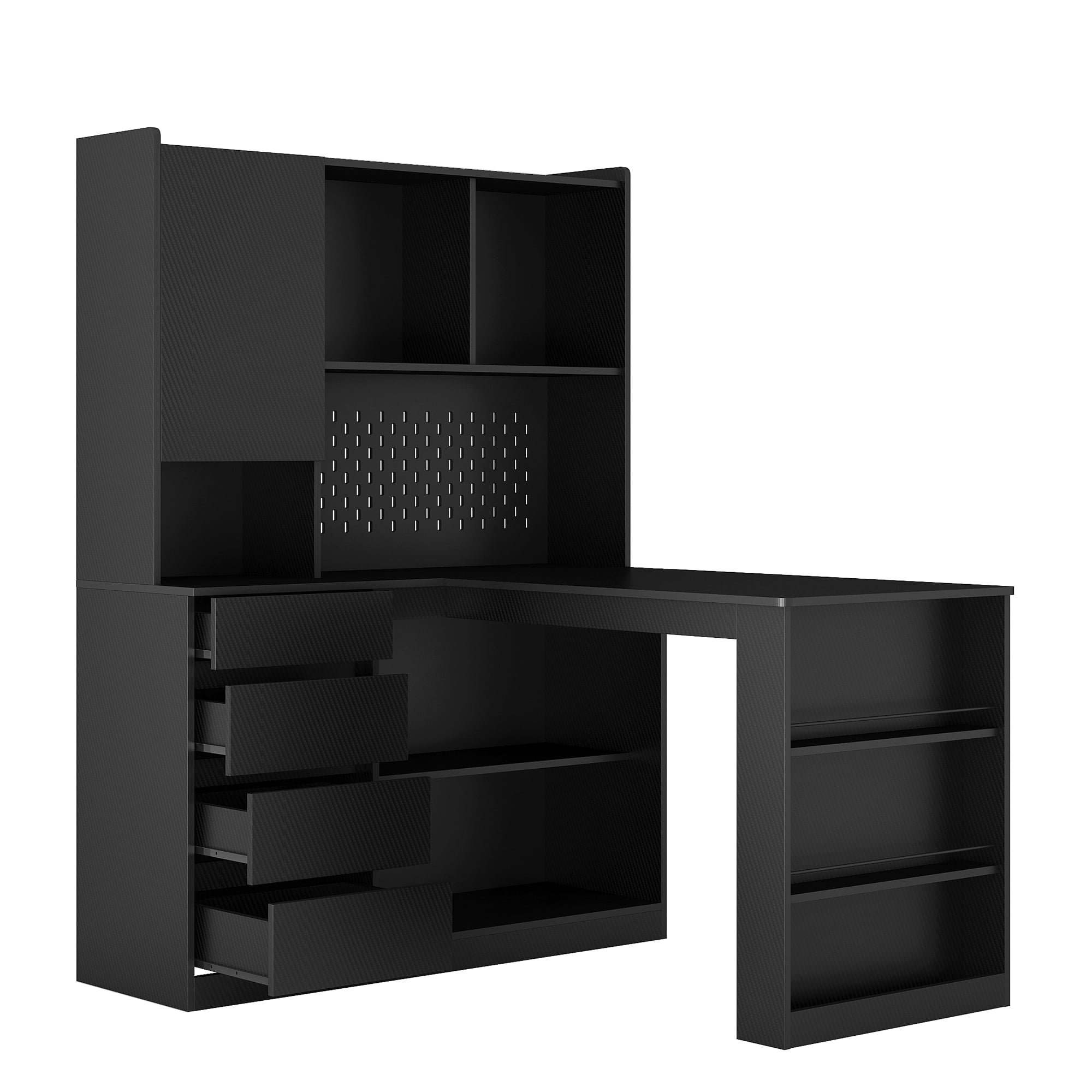 Royard Oaktree L Shaped Computer Desk with Power Outlets, LED Lights, Drawers, Bookshelf & Hutch