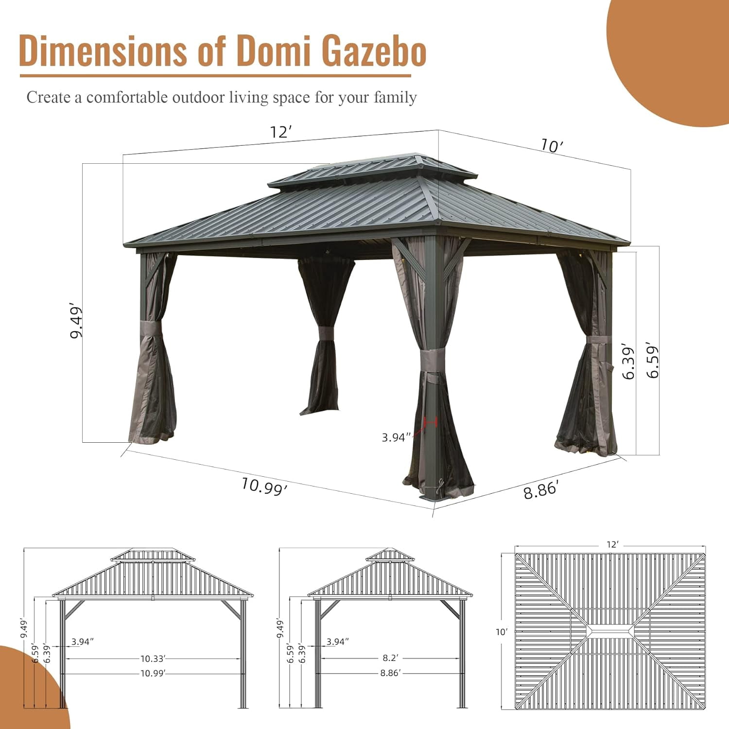 Domi Outdoor Living 10'x12'Hardtop Gazebo,Aluminum Frame Canopy with Galvanized Steel Double Roof,Permanent Outdoor Metal Pavilion with Curtains & Netting for Patio,Backyard & Lawn,Gray