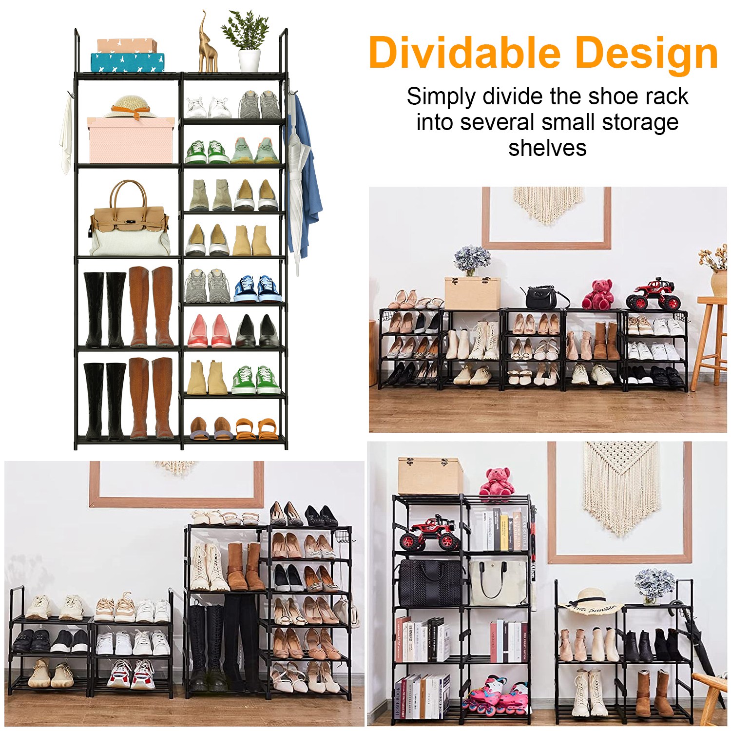 Dropship 5 Tiers Plus 3 Tiers Shoe Rack Metal Shoe Storage Shelf Free  Standing Shoe Stand 16+ Pairs Shoe Tower Unit Tall Shoe Organizer With 2  Row Hooks For Entryway Closet Garage