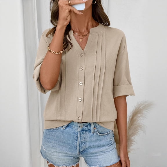 Endives Womens Tops Cotton Linen Button Down Shirts V Neck Pleated Casual Loose Blouses Roll Up Sleeve Shirt Spring Summer