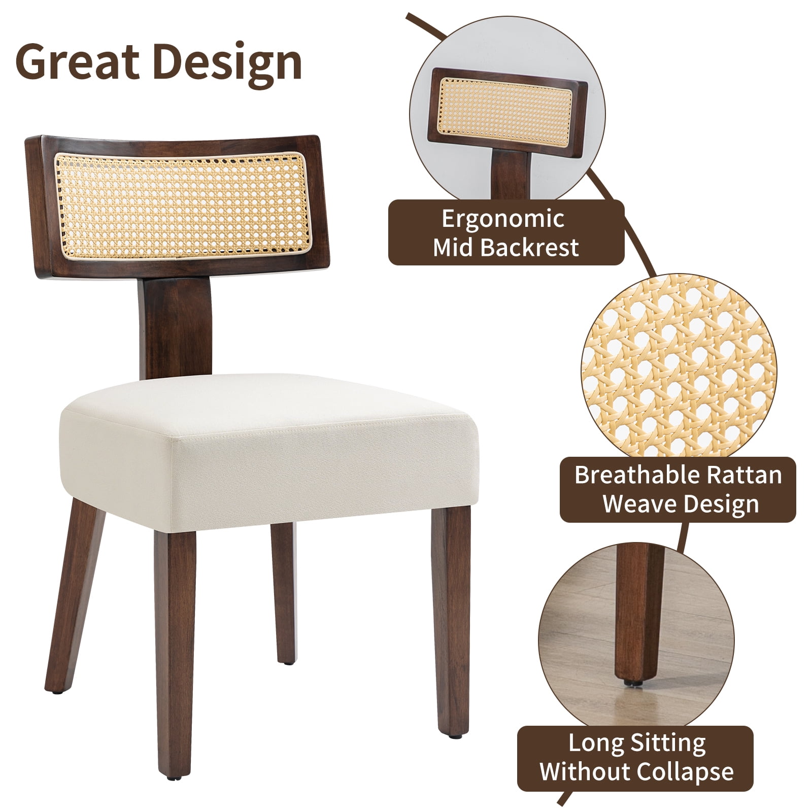 Rattan Dining Chairs Set of 2, Modern Kitchen Dining Room Chair with Curved Cane Back & Hardwood Frame in Walnut Finish, Cream Linen Upholstered