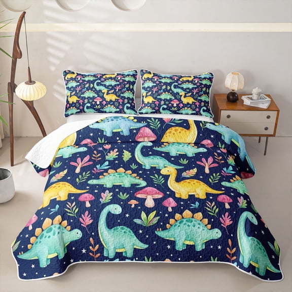 Manfei Cute Dino Animals Twin Quilt Set,Kawaii Mushroom Stars Twin Coverlet Set,Blue Green,2-Piece,1 Bedspread and 1 Pillowcase