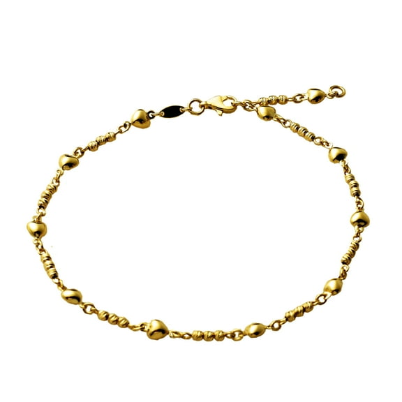 LoveBling 10K Yellow Gold .5mm Diamond Cut Beads and 11 Heart Charm Anklet (#65)