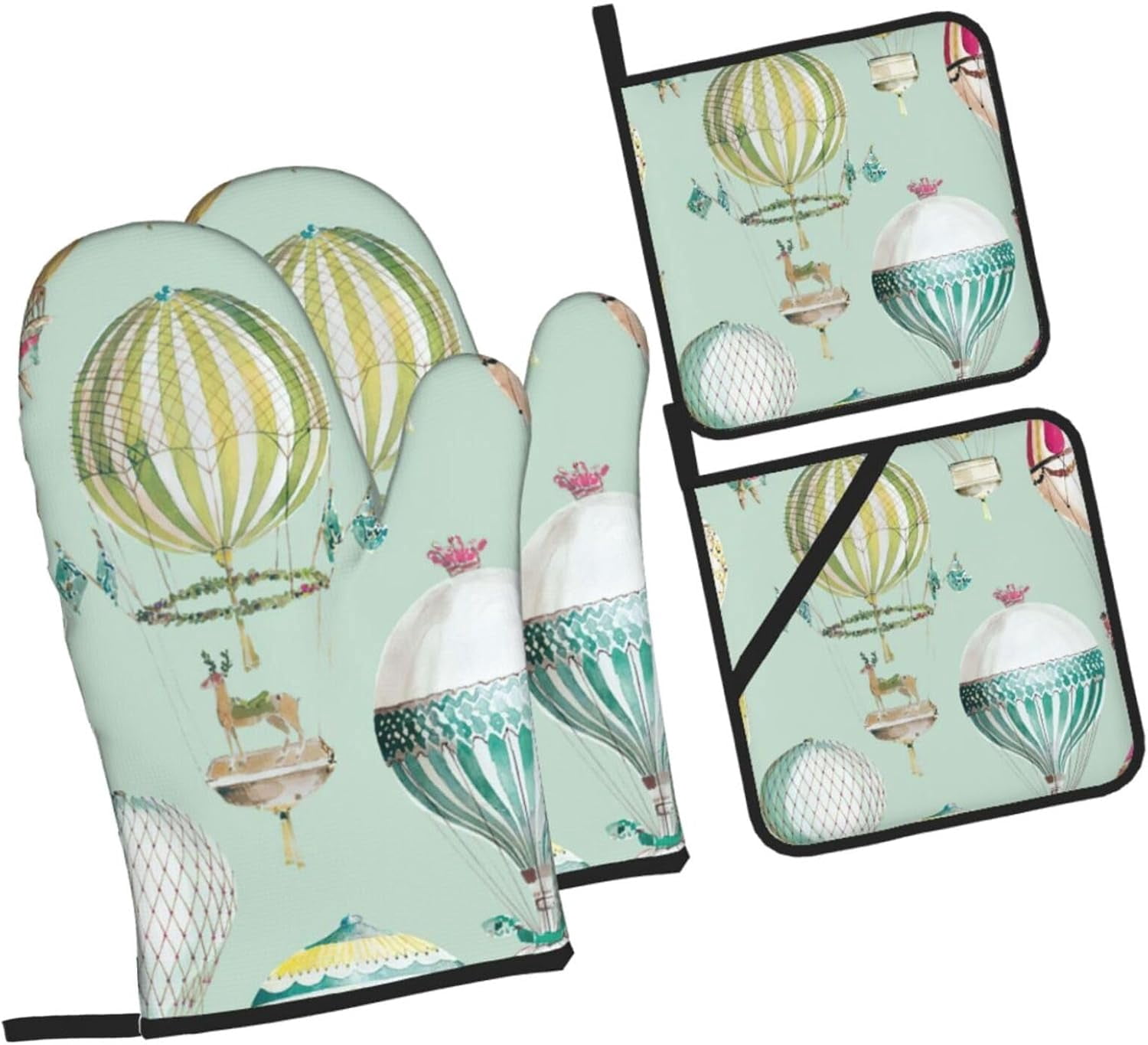 Cartoon Balloon Oven Mitts and Pot Holders Sets for Kitchen 4 Pcs 7"X11" Heat Resistant Baking Cooking