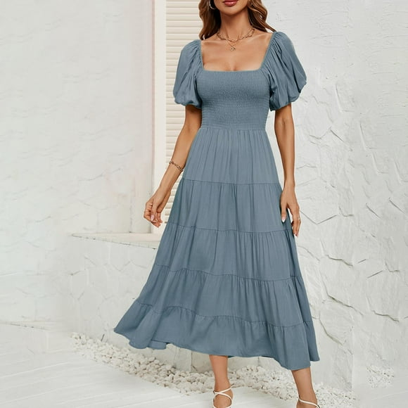 Summer Saving!Summer Tiered Dresses for Women 2024 Casual Trendy,Womens Boho Maxi Dresses,Flowy Midi Dresses for Women Wrap V Neck Flutter Puff Short Sleeve Solid A Line Tiered Flowy Long Dresses