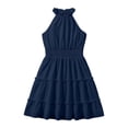 thumbnail image 4 of FINALGANG Girls Kids Solid Color Halter Neck Ruffle Dress High Waist Smocked Bodice Tiered Layered Skirt Lightweight Elegant Cute Party Dress For Summer Vacation Wear Navy 8-9 Years, 4 of 5