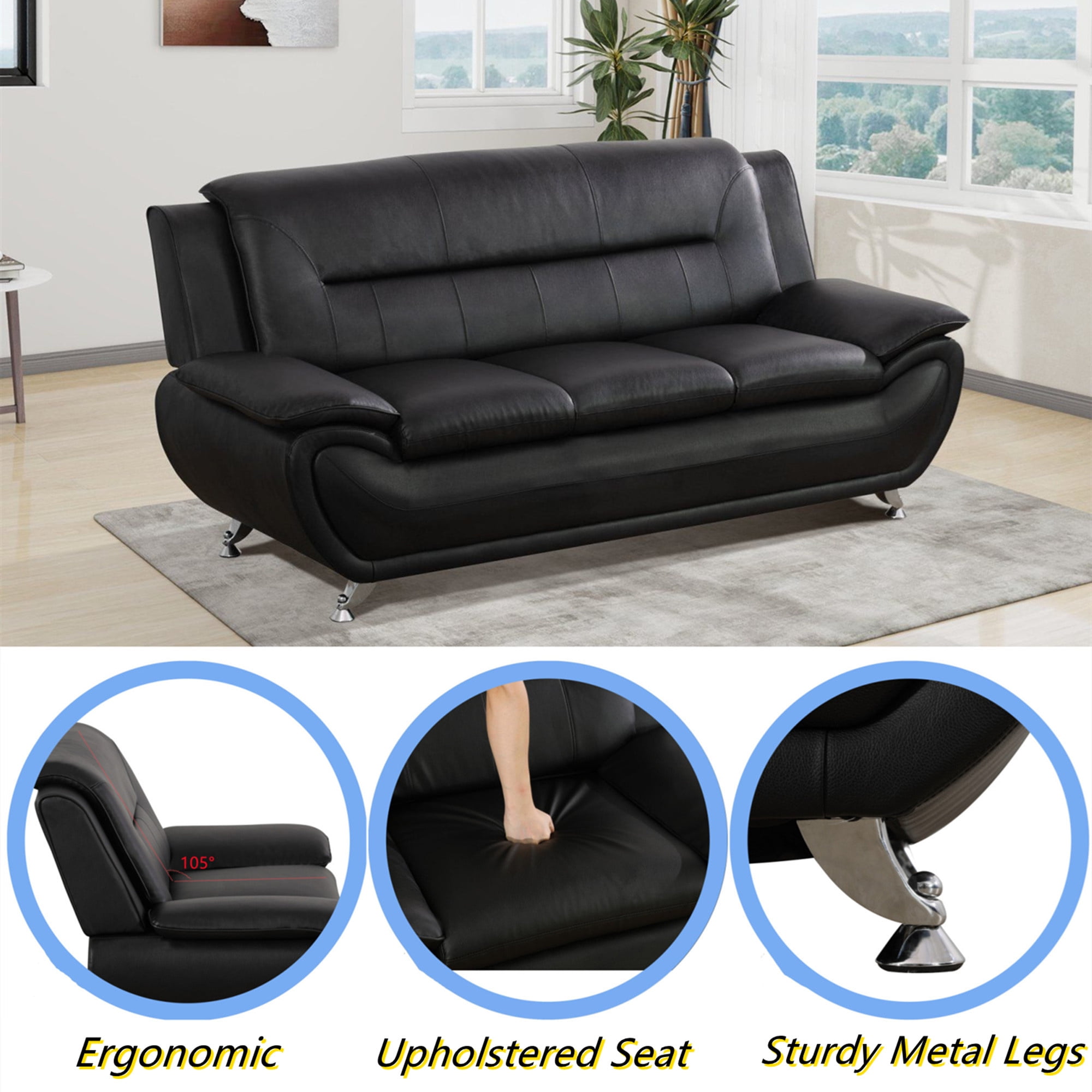 Aukfa 3 Piece Sofa Set - 79" Upholstered 3 Seat Sofa Couch for Living Room Bedroom, Leather, Black