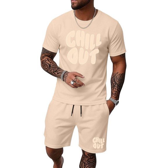 Outfits for Men Men's Two Piece Matching Combo Printed Short Sleeve T Shirt and Shorts Comfortable Casual Summer Outfit Letter Print Beige L