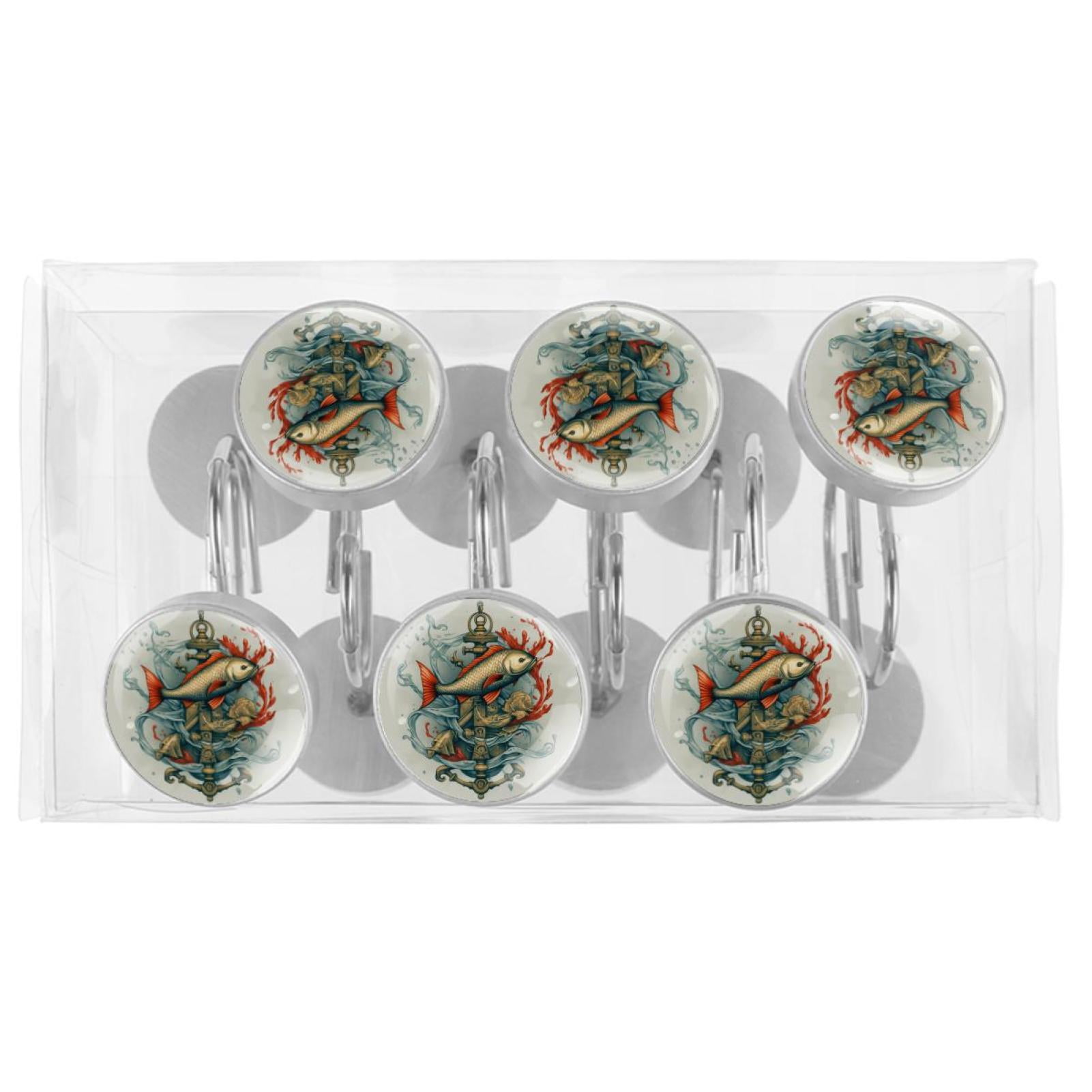 Anchor Fish Shower Curtain Hooks （Set of 12） for Home Hotel Shower Rods Bathroom Crystal Glass Print Stainless Steel Round Curtain Hooks