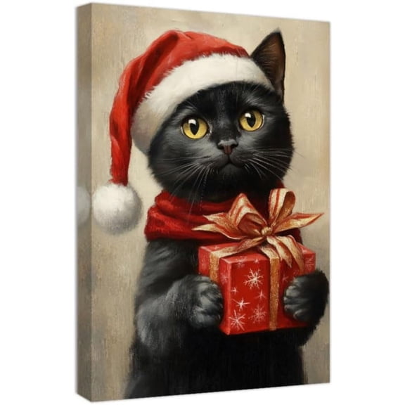 ZHONGYUTONG Black Cat Wall Art Funny Christmas Wall Decor Cute Animal Pictures Canvas Prints Xmas Artwork Gifts Holiday Home Decor Framed (12.00" x 18.00")