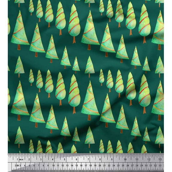 Soimoi Green Poly Georgette Fabric Christmas Tree Decor Fabric Printed Yard 42 Inch Wide