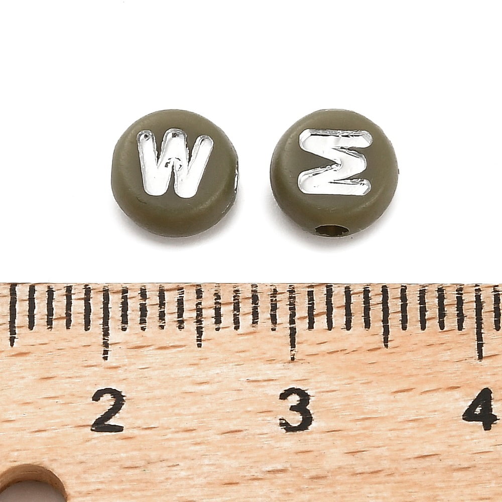 Opaque Acrylic Beads Flat Round with Letter Dark Olive Green 7x4mm Hole: 1.6mm 3846pcs/500g