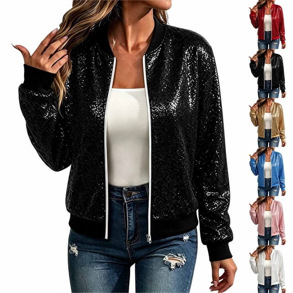 Sequin Bomber Jackets for Women Full Zip-up Long Sleeve Relaxed Fit Fall Sparkly Stylish Casual Outerwear S-XXL